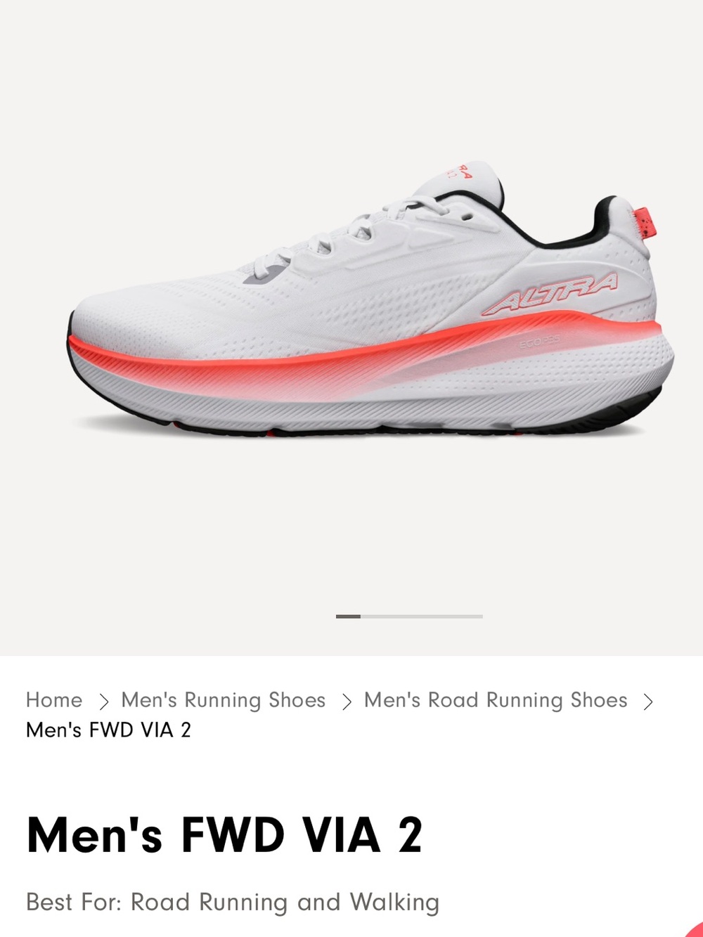 Altra Men's FWD VIA 2 Running Shoe - White/ Coral Accent